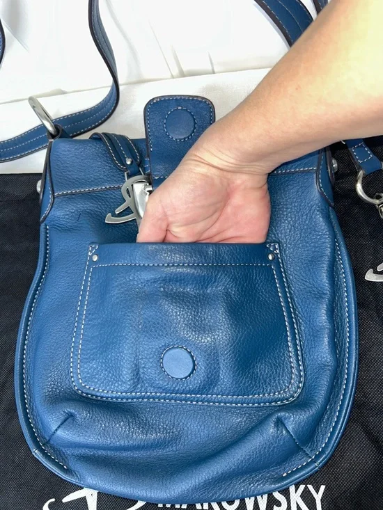 B. Makowsky Blue Pebbled Leather Crossbody with Silver Bag charm & Dust Bag EUC - Picture 4 of 17